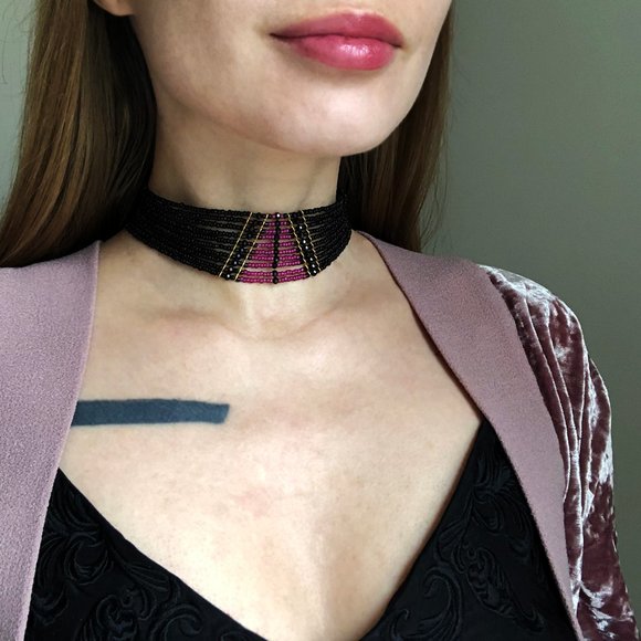Pink and black wide collar choker, accent multi strand choker necklace OOAK - Picture 2 of 10